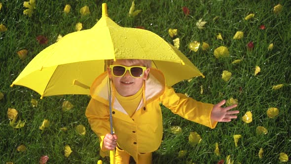 Happy child with umbrella in autumn outdoor