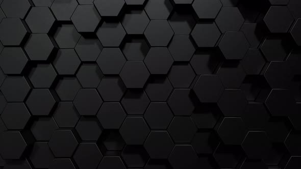 Black hexagon honeycomb shapes matte surface moving up down randomly background