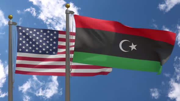 Usa Flag Vs Libya Flag On Flagpole alt