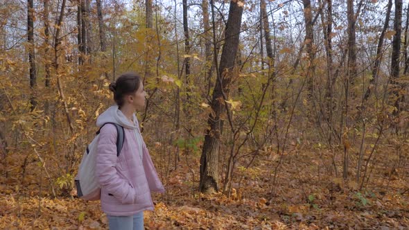 Side View of Young Woman with Backpack Walking in Autumn Park  Steadicam Shot