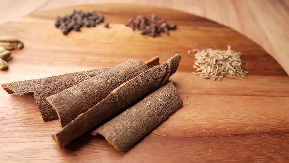 Spices and Herbs on Spoon on Table Top View alt