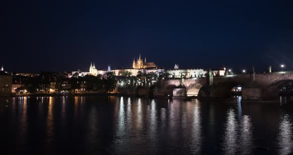 Timelapse of Prague Castle and Charles Bridge at night