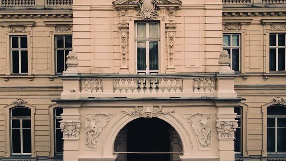 Aerial drone view of a flying over the old palace. alt