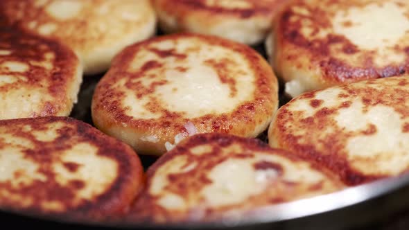 The process of cooking delicious fried cheesecakes close-up in a pan. Traditional curd pancakes.