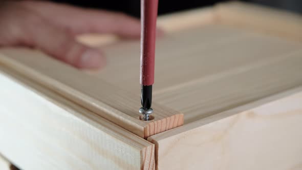 Assemble the wood product by turning the screw into a wooden plank with a manual screwdriver.