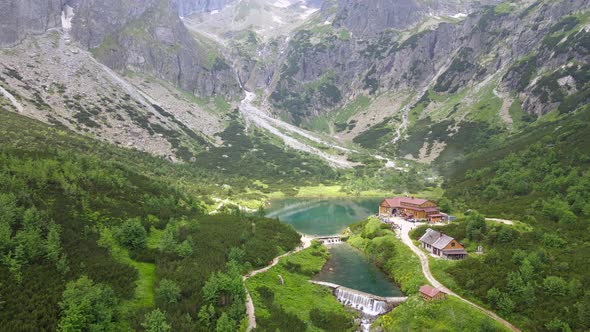 Aerial view of the lake Zelene pleso in the High Tatras in Slovakia alt