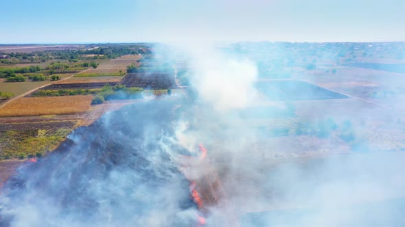 Drone View Of Burning Agricultural Field Smoke