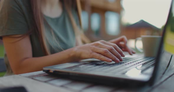 Female Hands Closeup Typing on Laptop Keyboard alt