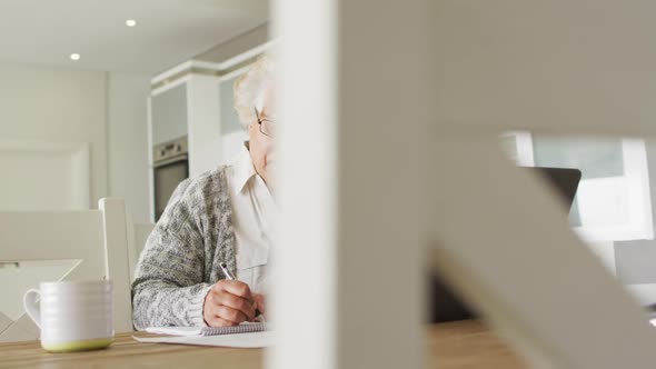 African american senior woman with laptop taking notes at home alt