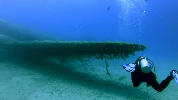 Wreckage Of Sunken Old War Plane Underwater Sea