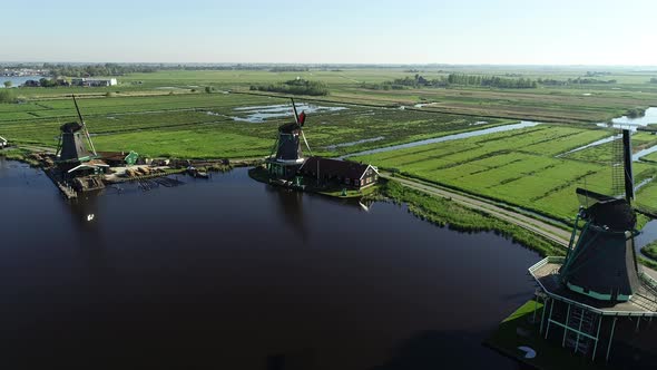 Aerial view of historic windmills of Zaanse Schans, Amsterdam Netherlands. Famous windmills