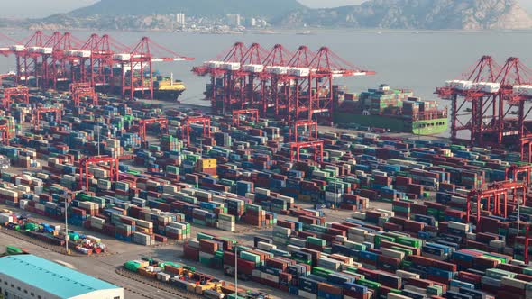 Yangshan Shanghai Container Port Terminal and Logistics Center Timelapse Zoom Out alt