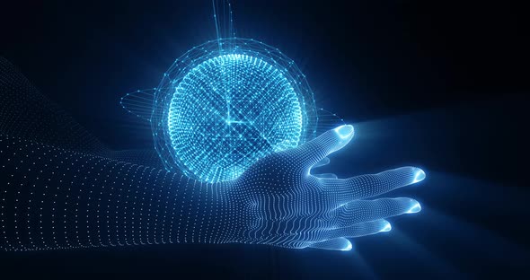 hand on Global network world map digital artificial intelligence Ai technology Data cloud 5G blue alt