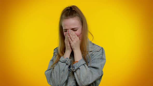 Upset Disappointed Girl Wipes Tears and Cries From Despair Being Sad Because of Unfair Things alt
