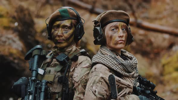 Career in Army for Women Concept  Portrait of Two Female Soldiers During the Modern War Operation alt