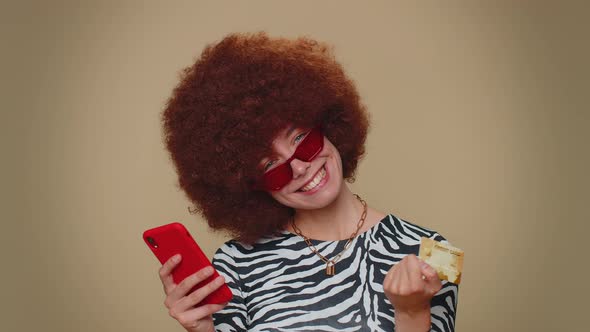 Happy Woman Use Smartphone Plastic Credit Bank Card Browsing Say Wow Yes Found Out Great Big Win alt