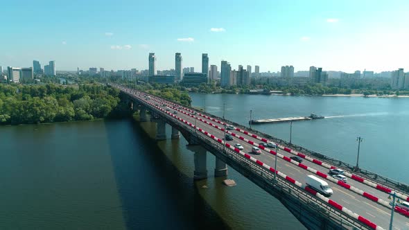 Aerial Drone Footage. Fly Above Paton's Bridge During Reconstruction alt