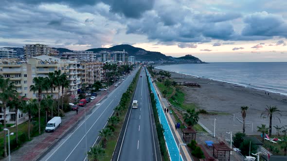 Traffic on the Beach Aerial View 4 K alt