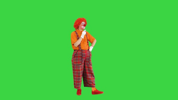 Clown Manipulating Virtual Objects in a Funny Way on a Green Screen Chroma Key alt