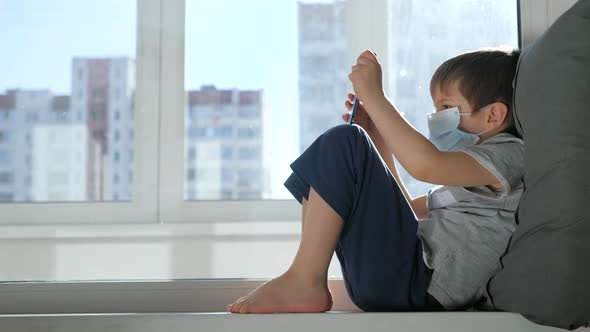 Little European Boy Wearing Mask for Protect Pm2.5 and Covid-19, Sick Child, Little Boy 
