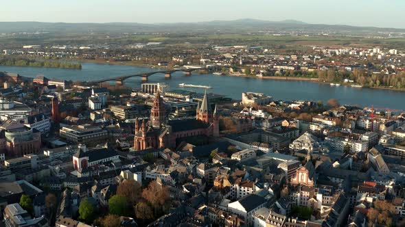drone towards the red Cathedral church of Mainz on a sunny summer spring day the City of Biontech wi alt