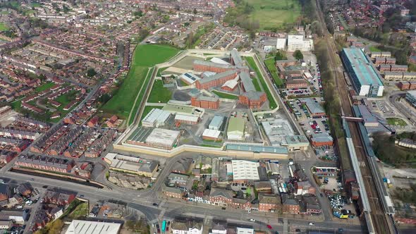 Aerial drone footage of the town centre of Wakefield in West Yorkshire in the UK  alt
