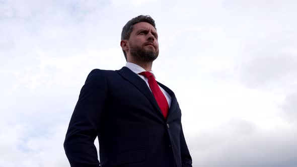 Adult Grizzled Entrepreneur Express Confidence on Sky Background Success alt