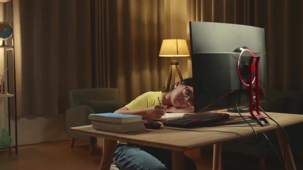 Bored Asian Girl Student Distance Learning, Learn Online On Computer From Home alt