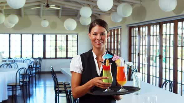 Smiling waitress offering a cocktail drink alt