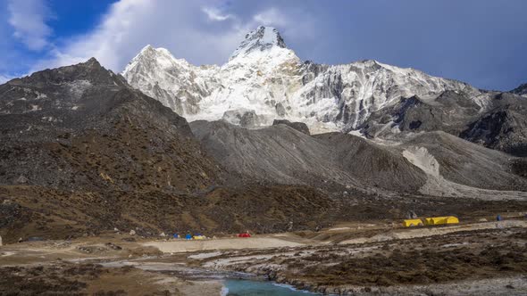 Ama Dablam base camp - Everest trekking route - Nepal. Time-lapse with zoom towards summit