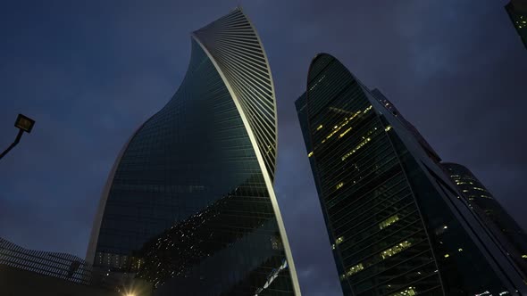 A Huge Business Center of Several Highrise Towers at Night