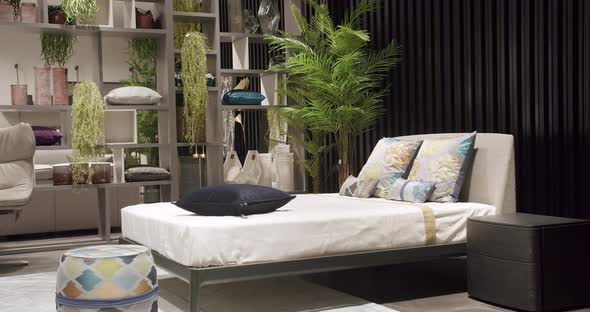 Luxury home with modern black wood line wallpaper on the wall.Minimalist bedroom alt