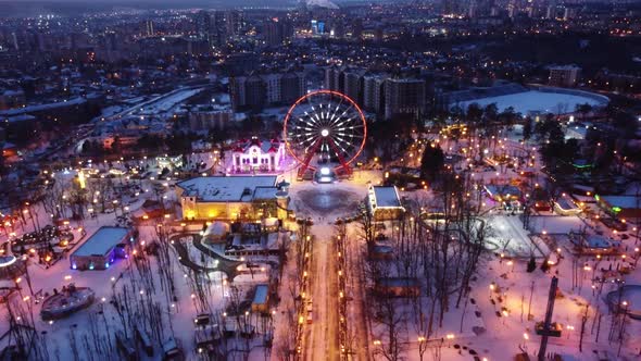 Aerial Ferris wheel, Gorky Central Park in sunset