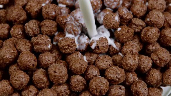 Close-up Milk Pouring Into Chocolate Corn Balls in Slow Motion, Breakfast Cereal