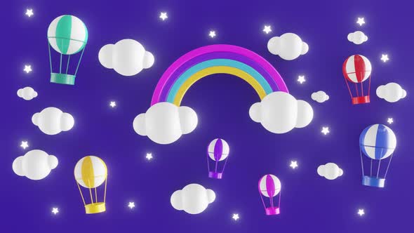 Cartoon dark background with clouds, rainbow and balloons