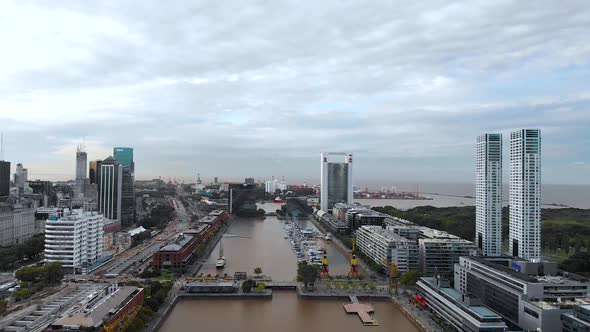 Bridge, Puerto Madero, Old Cranes, Pier, Yachts (Buenos Aires) aerial view