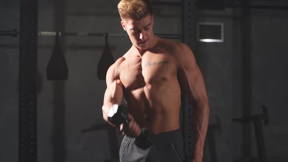 Male Trainer with Muscular Torso Holding Dumbbells in Hands at Crossfit Gym alt