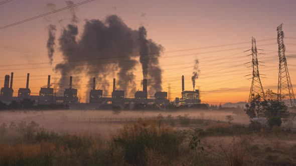 Industrial landscape, coal-fired power plants smoke,
