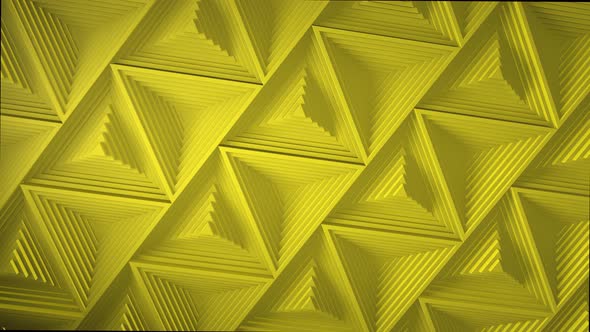 Yellow minimalism mosaic surface with moving black triangles. 