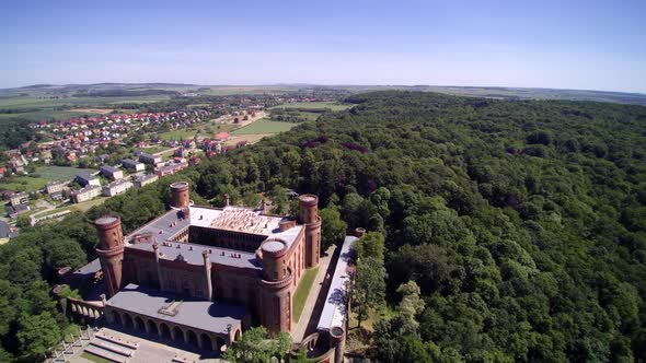 Castle in the woods. Palaca.  A view from the air. 4K