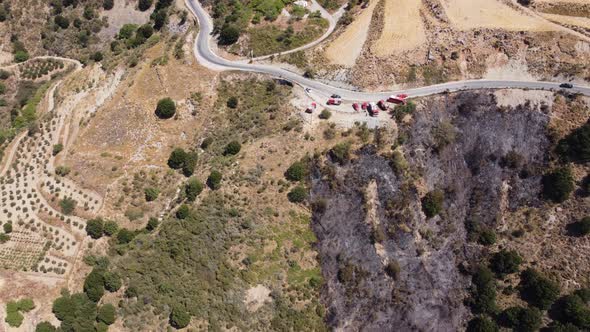Fire Trucks in Crete Mountains Top View