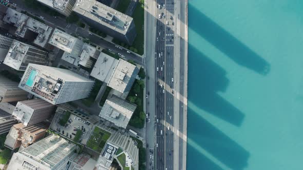 Aerial Topdown View on Busy Traffic Road in Business District in Chicago alt