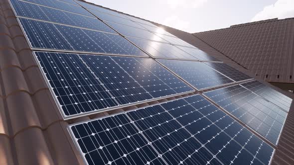 Video 3D animation of solar panels modules on roof on a sunny day alt