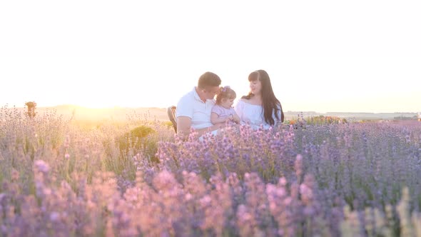 Beautiful Young Family Dad and Mom with Little Girl Sitting on Picnic at Sunset in Lavender Field alt