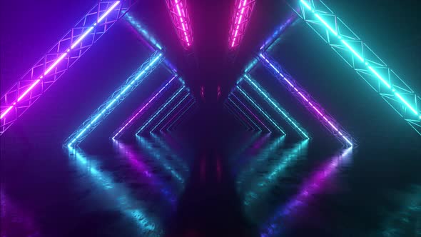 Abstract Neon Background Flying Forward Through the Corridor Glowing Pink Blue Lines Appear alt