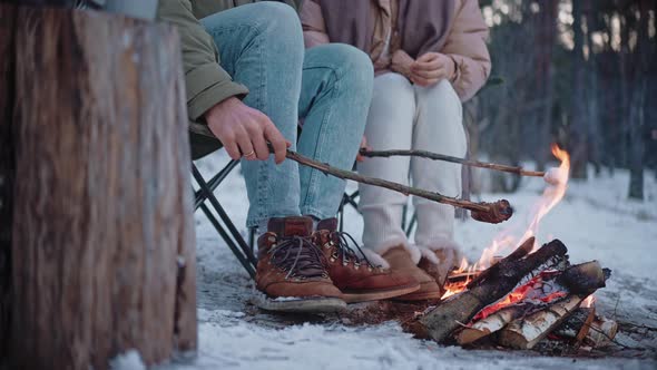 People are Roasting Sausages and Marshmallows on Sticks on a Campfire in Winter