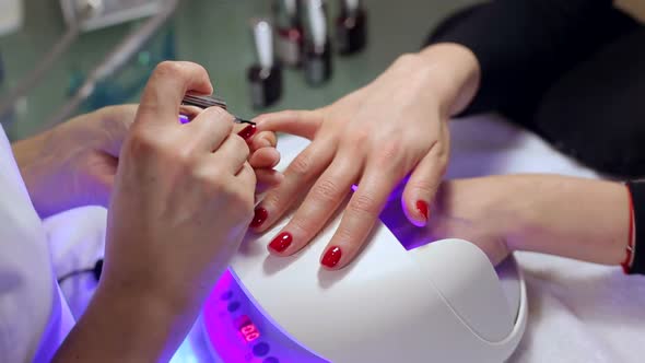 A Beautician Applies Red Nail Polish To a Young Womans Nails alt