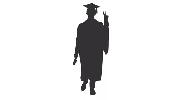 Black And White Silhouette Of Graduate Walking Slowly And Showing V Sign