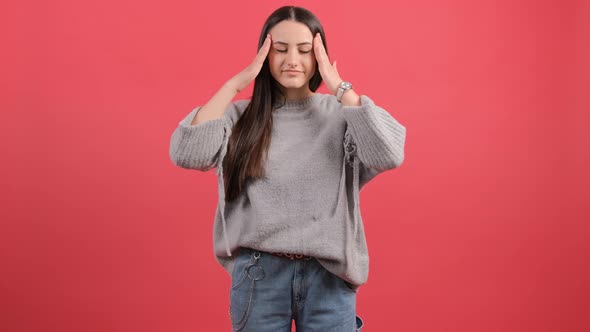 Tired Woman on Red Background alt