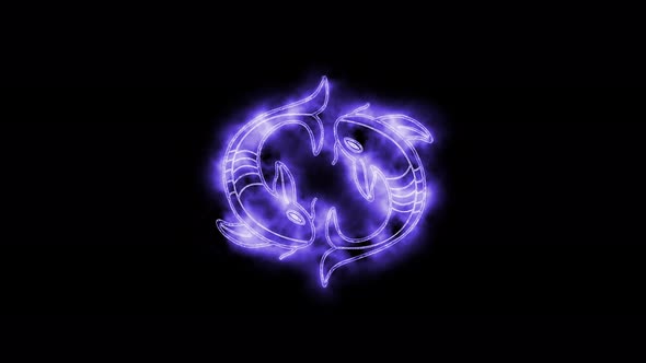 The Pisces zodiac symbol animation, horoscope sign lighting effect purple neon glow